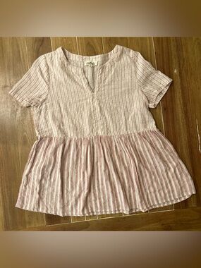 Listicle Pink and White Striped Peplum Top. Large.